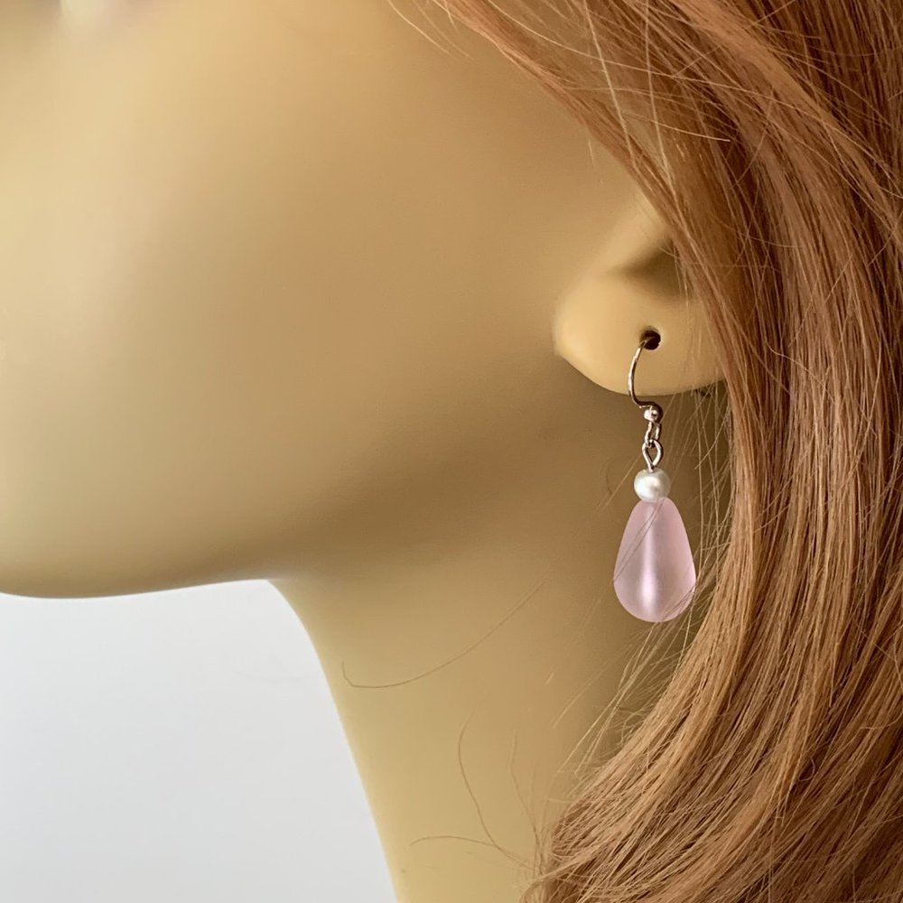 Sea Glass Earrings Pink Dangle with Pearls Women Girls Beach Jewelry Gift - Picture 3 of 7